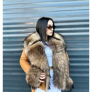 Brown Lamb Leather Coat Real Raccoon Fur Collar Cuffs Shearling Lined Jacket